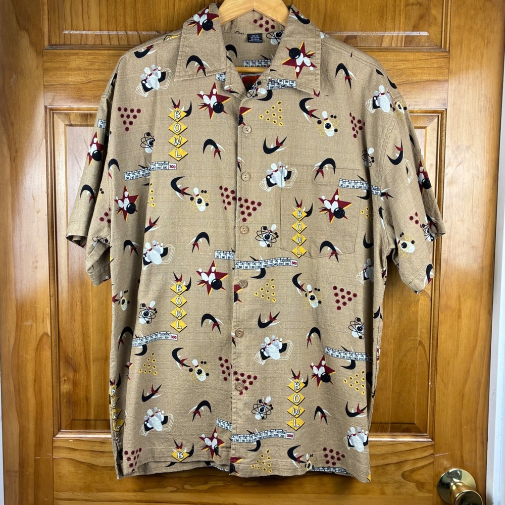 D'em Crazy Mens XL Bowling Print Button Down Shirt Short Sleeve Atomic Retro